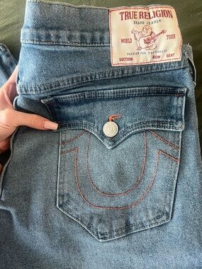 True Religion Light Blue High-Rise Denim Jeans with Orange Stitching